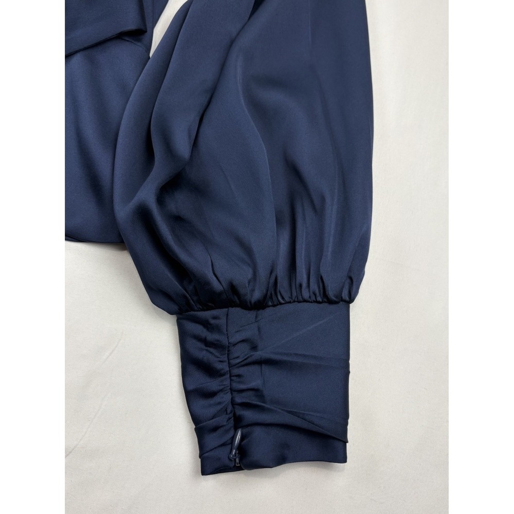 NWT White House Black Market Blue Satin Wrap Blouse Tie Waist Puff Sleeve Sz 14 - Picture 7 of 16